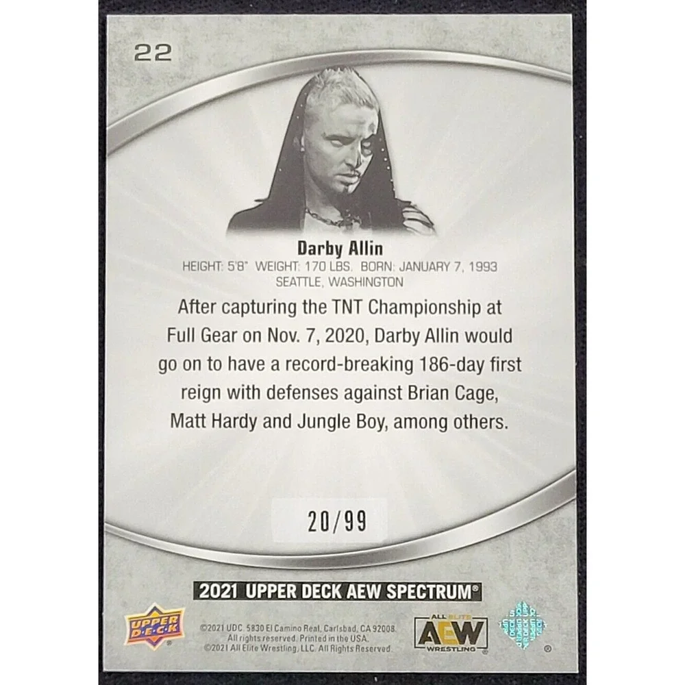 2021 UPPER‎ DECK AEW SPECTRUM DARBY ALLIN #D 20/99 DARK SPECTRUM
